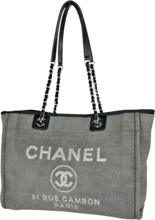 Chanel Gray Canvas Shoulder Bag Tote Bag (Pre-Owned)