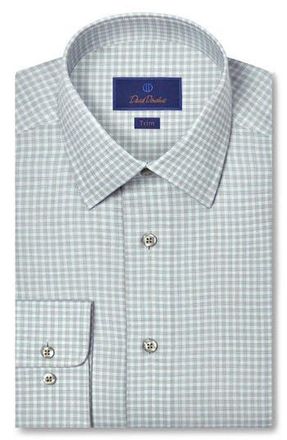 David Donahue Trim Fit Check Cotton & Cashmere Dobby Dress Shirt in Sage at Nordstrom Rack, Size 15 - 32/33