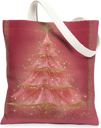 Generic Christmas Tree Canvas Tote Bags, Elegant Holiday Design Reusable Grocery Bags, Vintage Lightweight Washable Shoulder Strap, Peach, 13x15 Inch