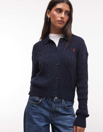 Polo Ralph Lauren cardigan in maglia a trecce dritto navy-blu navy