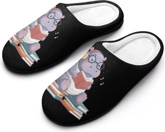 Generic Hippo Reading Books Mens House Slippers Memory Foam Washable Cotton Slip on Home Shoes