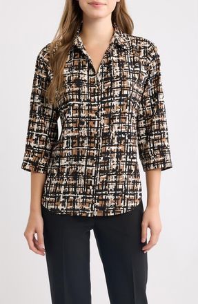 Anne Klein Grid Print Three-Quarter Sleeve Button Front Shirt in Vicuna Multi at Nordstrom, Size X-Small