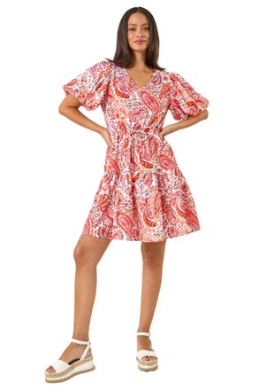 DUSK Womens Paisley Print Hotfix Dress - Red - Size 12 UK