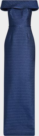 Teri Jon Basket Weave Jacquard Off-the-Shoulder Column Gown