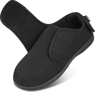 Garonne Mens Diabetic Wide Adjustable Slippers with Memory Foam and Non-Slip Indoor Outdoor Sole, black, 10.5 UK