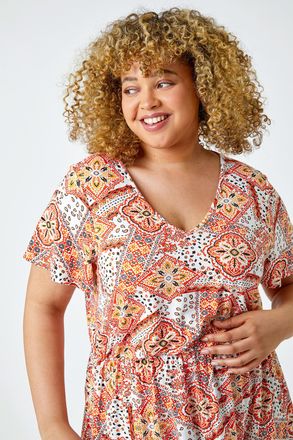 Roman Geometric Print V-Neck Stretch Top