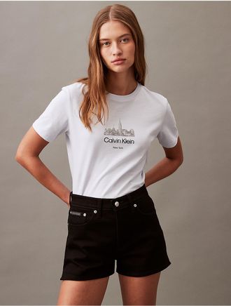 Calvin Klein Womens City Skyline Graphic Crewneck T-Shirt - Blue - XS