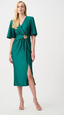 Joseph Ribkoff Satin Knit Wrap Dress With Ruched Waistband in Opulent Green at Nordstrom, Size 14