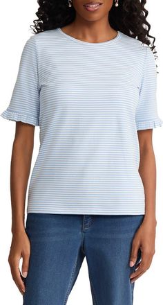Jones New York Ruffle Elbow Sleeve T-Shirt in Breeze Blue/natural White at Nordstrom, Size X-Large P