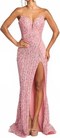 Portia & Scarlett Fully Embellished Strapless Dress With Slit In Pink