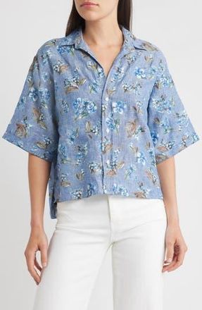 Frank & Eileen Short Sleeve Linen Button-Up Shirt in Blue Flora at Nordstrom Rack, Size Xx-Small