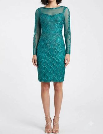 Sue Wong Long Sleeve Embroidered Open-Back Dress In Peacock