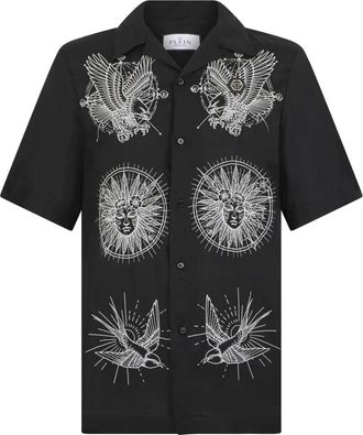 Philipp Plein Linnen Bowling Shirt Tattoo Embroidery - Heren - Korte mouwen Overhemden - Zwart - XS - Linnen - Overhemden