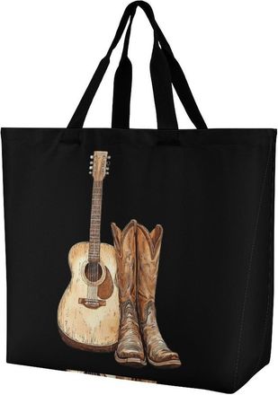 Generic Guitar And Boots Reusable Shopping Bags Large Capacity Grocery Bag Heavy Duty Tote for Women 40x40x16cm