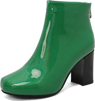 Generic Womens Square Toe Patent Leather Ankle Boots with Chunky Block Heel & Back Zipper, Autumn/Winter Style,Green,5.5 UK