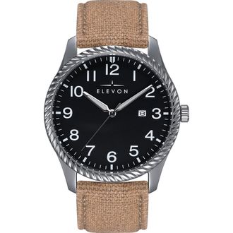 Elevon Watches Crosswind Canvas-Overlaid Leather-Band Watch w/ Date in Black/khaki at Nordstrom