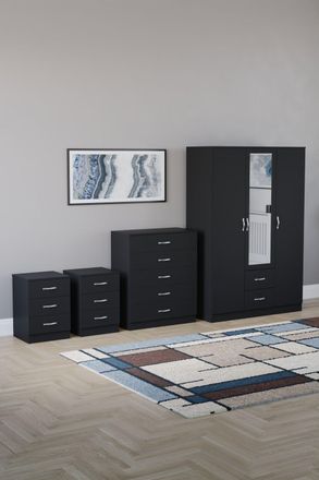 Home Discount Vida Designs 4Pc Bedroom Set 2x3Bedside, 5 Drawer, 3Dr Mirror Wardrobe in Black