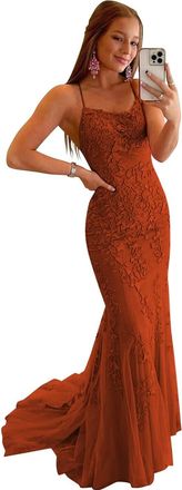Generic Womens Sweet Tulle Evening Dress Lace Applique Mermaid Prom Gowns Long Spaghetti Strap Floor Length Formal Party Dress Burnt Orange