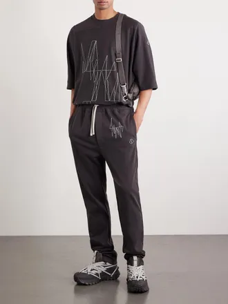 Rick Owens + Moncler Straight-Leg Logo-Appliqu&eacute;d Embroidered Cotton-Jersey Sweatpants