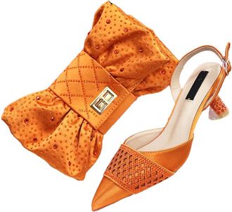 Generic Womens Luxury Shoes and Bags Matching Set Pointed Toe High Heel Sandals Sparkly Rhinestone Bow Bag Orange