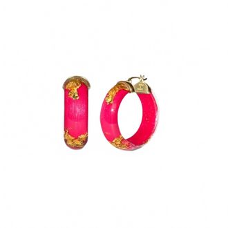 Gold & Honey Womens Mini Lucite Hoop Earrings In Pink Peacock Gold Leaf