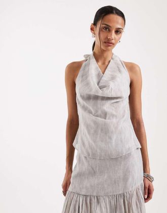 4th & Reckless Top allacciato al collo con scollo ad anello in chiffon blu con stampa in coordinato