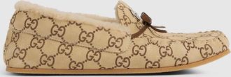 Gucci Womens Driver Loafer With Merino Wool Lining, Beige, Suede