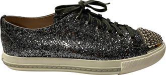 Miu Miu Pre-owned Womens Miu Miu Studded Cap Toe Lace-Up Sneakers in Silver Glitter - Size EU 37
