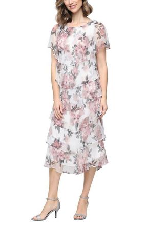 S.L. Fashions Tiered Floral Shimmer Midi Dress in Ivory/Pink at Nordstrom, Size 16