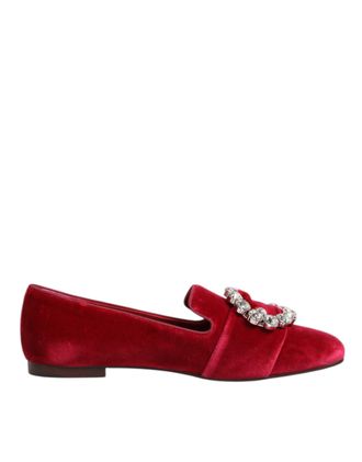 Dolce & Gabbana Womens Velvet Loafers Rhinestone Buckle - Red Cotton - Size 36.5 EU/IT