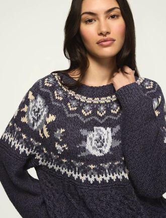 Lucky Brand Womens Floral Fair Isle Crew Sweater