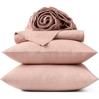 Coyuchi Crinkled Organic Cotton Percale Sheet Set in Praline Chambray at Nordstrom, Size California King