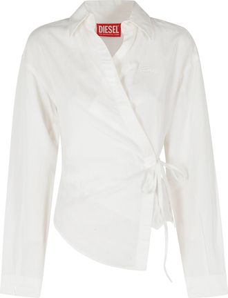 Diesel White C Delphos S3 Wrap Tie Embroidered Logo Modal Blouse