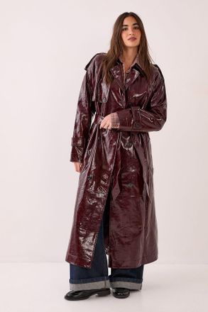 NASTY GAL Womens Premium Vinyl High Shine Faux Leather Trench Coat - Burgundy - Size 14 UK