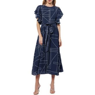 Ciebon Anastasia Geo Print Flutter Sleeve Dress in Navy/White at Nordstrom Rack, Size X-Small