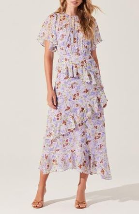 ASTR the Label Floramae Floral Ruffle Detail Short Sleeve Midi Dress in Lavender Floral at Nordstrom Rack, Size X-Small