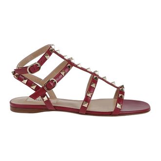 Valentino Garavani Flat Sandals, female, Red, Size: 6 1/2 US Studded Calfskin Ankle Strap Sandal