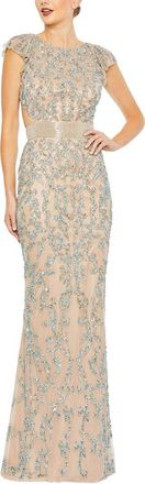 Mac Duggal Beaded Mesh Cap Sleeve High Neck Column Gown