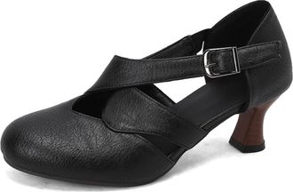Generic Womens Cross-Strap Ankle Strap Pumps Round Toe Chunky Heels Adjustable Buckle PU Upper Cutout Design Soft Insole Non-Slip Comfortable Shoes,Black,7.5 