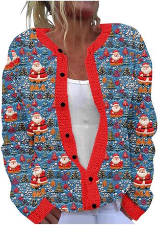 Generic Womens Christmas Sweater Funny Santa Claus Cardigan Christmas Tree Blouse Knitted Pullover Long Sleeve Jumpers Xmas Novelty Sweaters Loose Fit Blouses