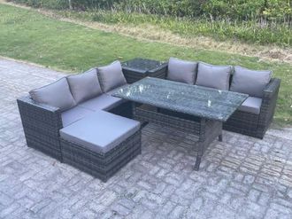 Fimous PE Wicker Outdoor Garden Furniture Set Patio Rattan Rectangular Dining Table Sofa Footstool Side Table 7 Seater in Dark Grey