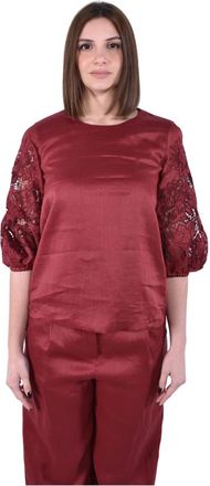 Max Mara Macram&eacute; T-shirt met lantaarnmouwen - Dames - Blouses - Rood - M - Katoen - Overhemden