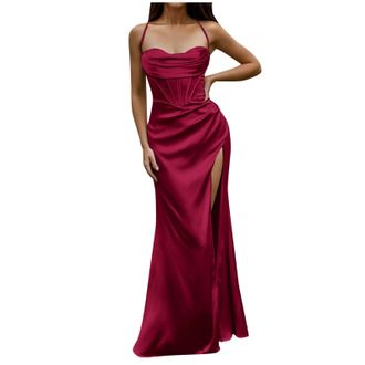 Generic Dress for Women UK Elegant Party - Women Sexy Satin Corset Maxi Dress Strap Push Up Fishbone Ruched Evening Party Long Dresses Wine