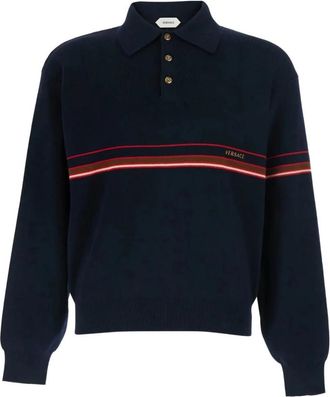 Versace Geborduurd-logo katoenen gebreide polo - Heren - Ronde hals truien - Blauw - M - Katoen - Truien & Vesten
