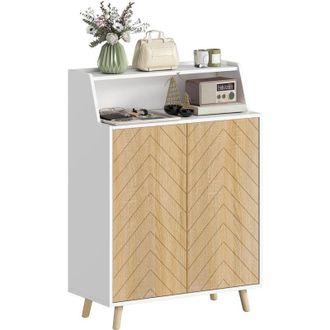 HOMCOM Homcom Zapatero De 2 Puertas En Espiga, Estantes Ajustables, Compartimento Abierto, Para 15 Pares De Zapatos, 75x35x104 Cm, Blanco Y Natural