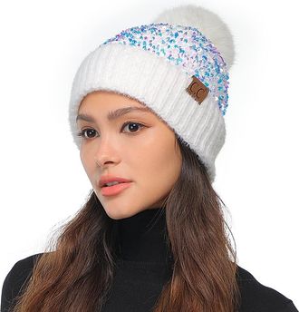 C.C Sequin Pom Beanie for Women - Acrylic Stretchable Soft Warm Knit Winter Skully Hat with Yarn Pom, Sparkles-white, One Size