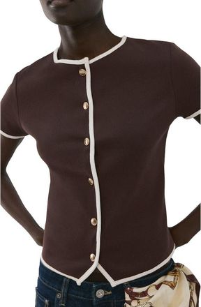 Mango Piped Trim Cotton Button-Up Top in Chocolate at Nordstrom, Size Medium