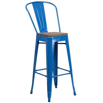 Flash Furniture 30 High Blue Metal Barstool with Back and Wood Seat