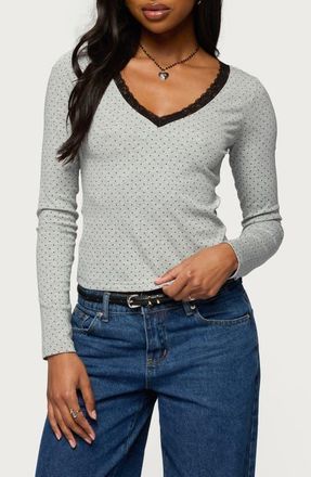 Edikted Morah Lace Trim Polka Dot Top in Gray-Melange at Nordstrom, Size X-Large