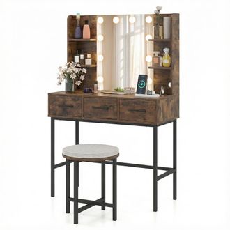 Costway Costway Vanity Desk w/Mirror & Lights Makeup Table & Stool Set w/Power Outlets in Brown